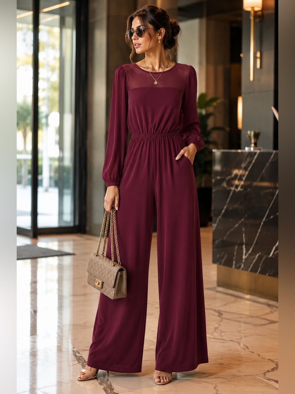 Halara Women's Burgundy Wide Leg Jumpsuit XS Regular Long Sleeve Stretch NWT
